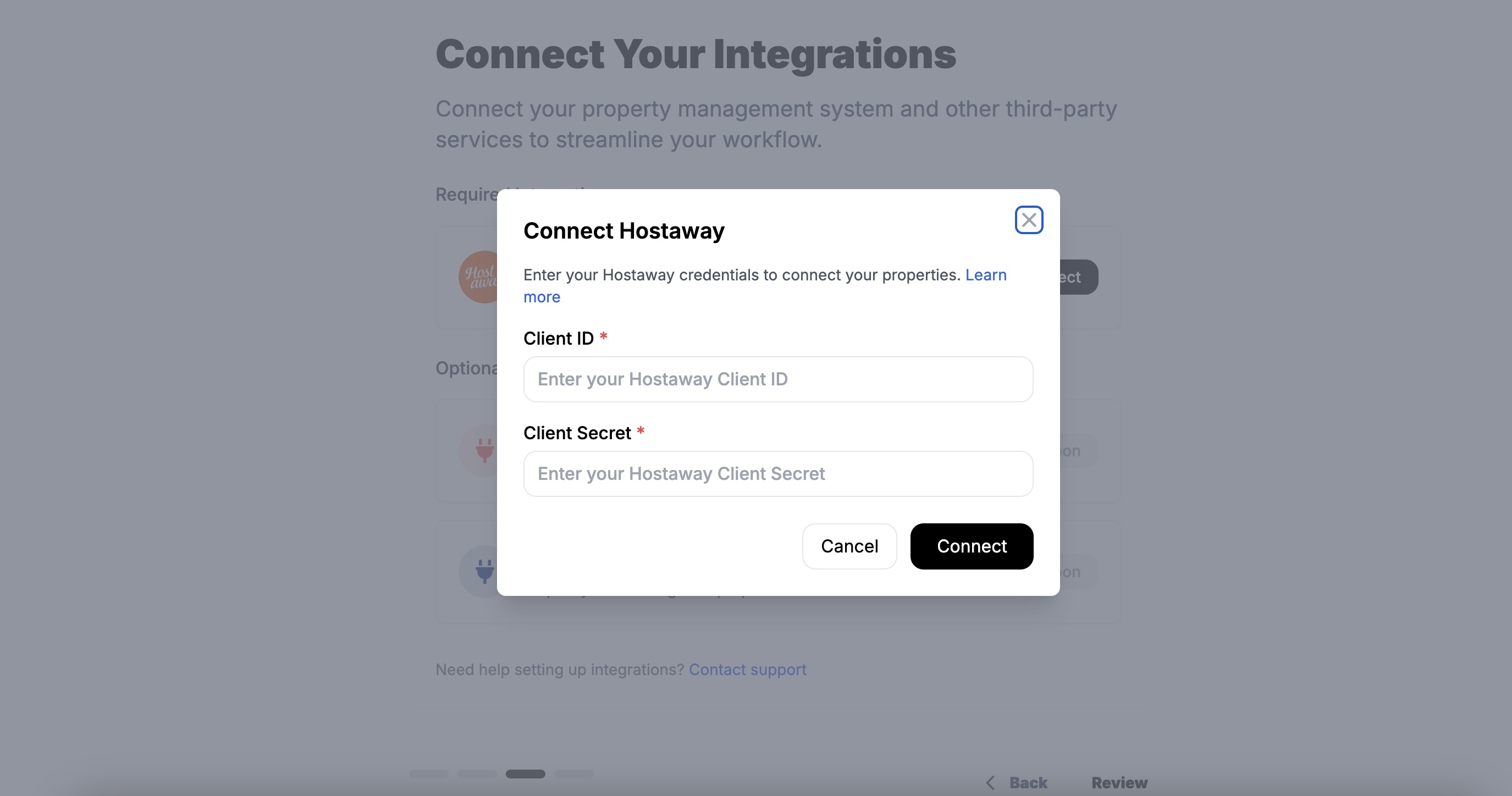 Screenshot of Ersona integration setup page showing Hostaway configuration